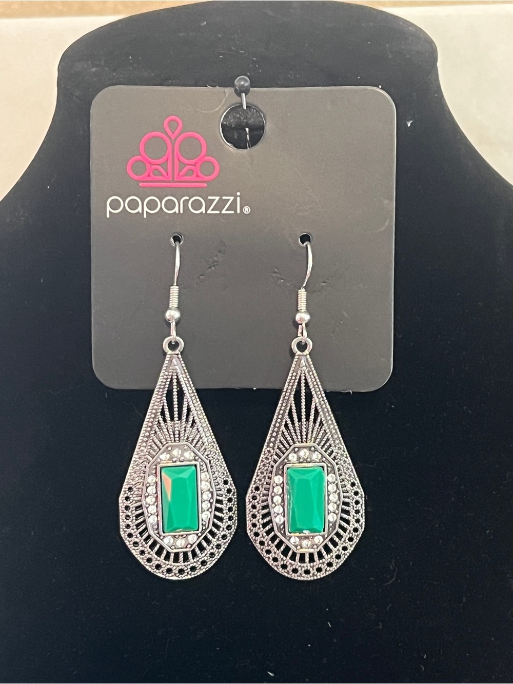 Paparazzi Silver Teardrop Earrings with Emerald-Green Stone